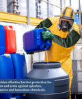 Person wearing Two Pairs Of Chemical Resistant Long Rubber Gloves Heavy Duty Waterproof For Chemical And Acid Work pouring liquid into drum.