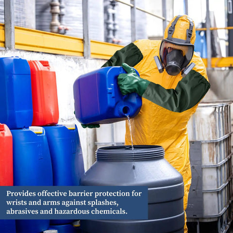 Person wearing Two Pairs Of Chemical Resistant Long Rubber Gloves Heavy Duty Waterproof For Chemical And Acid Work pouring liquid into drum.