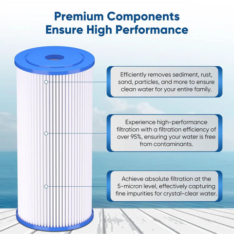 5 Micron 10 By 4 And A Half Inch Whole House Pleated Sediment Filter 2 Pack with filtration details and specifications