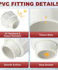 3 Pack One Half Inch PVC Union Coupling Fittings Sch 40 Socket To Socket Slip Union Adapter features UV resistance, thick walls, smooth surface, and deep sockets.