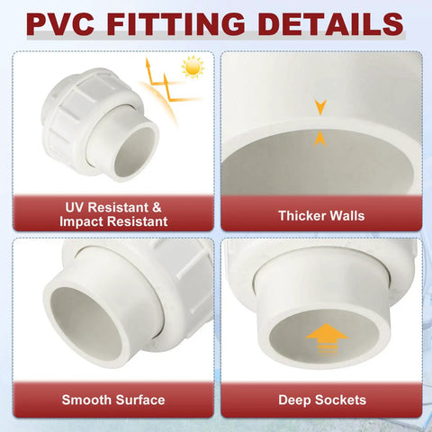 3 Pack One Half Inch PVC Union Coupling Fittings Sch 40 Socket To Socket Slip Union Adapter features UV resistance, thick walls, smooth surface, and deep sockets.