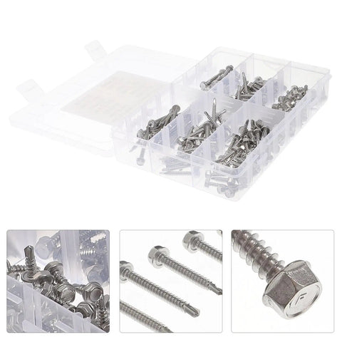 Self Tapping And Self Drilling Kit In 410 Stainless Steel With Washer Head, rust resistant assortment in plastic box