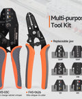 Ratcheting Crimping Tool Set Eight Piece With Quick Exchange Jaws For Heat Shrink Open Barrel Insulated And Non Insulated Ferrules AWG 20 To 2 Includes Wire Cutter And Stripper Versatile OT And UT Terminals Heavy Duty Case.