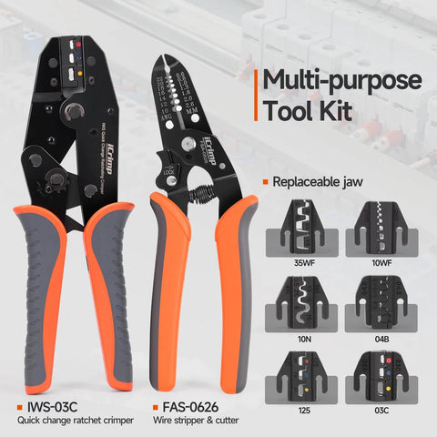 Ratcheting Crimping Tool Set Eight Piece With Quick Exchange Jaws For Heat Shrink Open Barrel Insulated And Non Insulated Ferrules AWG 20 To 2 Includes Wire Cutter And Stripper Versatile OT And UT Terminals Heavy Duty Case.