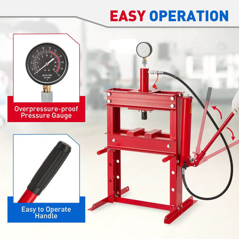 Heavy Duty 10 Ton Hydraulic Press With Clear Pressure Gauge And Dual Plates For Easy Metal Bending Straightening And Garage Wrenching Or Auto Mods With Zero Headaches In Bold Red pressure gauge and handle details.