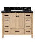 Top Shelf 42 Inch Single Rectangle Sink Bathroom Vanity Made From Premium Grade Solid Oak Wood With Drop Dead Gorgeous Nero Marquina Black Quartz Countertop, front view showing cabinetry and sink.