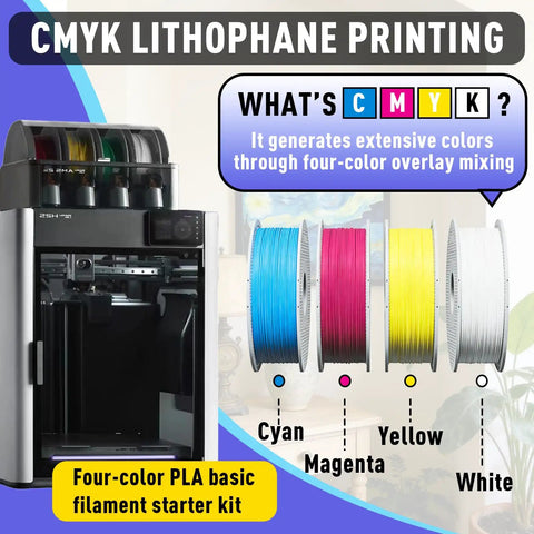 CMYK Lithophane 3D printer with cyan, magenta, yellow, and white filament spools for color overlay printing.