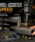 Pro Grade Rivet Nut Tool Set With Mandrels And Flat Head Nuts M3 To M12, 60 Piece Kit, Heavy Duty Rivet Nut Pliers For Drill, DIY Garage Must Have For Sheet Metal, Automotive, Furniture And Pipes. Drill-assisted rivet nut installation on steel tube with M3-M12 mandrels and brass nuts.