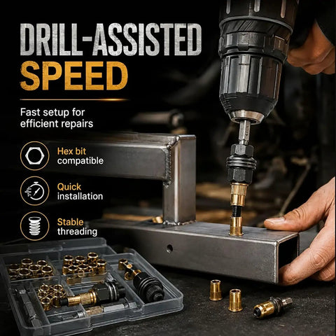 Pro Grade Rivet Nut Tool Set With Mandrels And Flat Head Nuts M3 To M12, 60 Piece Kit, Heavy Duty Rivet Nut Pliers For Drill, DIY Garage Must Have For Sheet Metal, Automotive, Furniture And Pipes. Drill-assisted rivet nut installation on steel tube with M3-M12 mandrels and brass nuts.