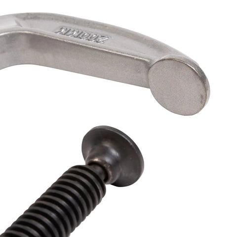 Close-up of a Heavy Duty C Clamp With Eight Inch Opening And Four Inch Throat Delivering Seventeen Hundred Pounds of Real Deal Grip.