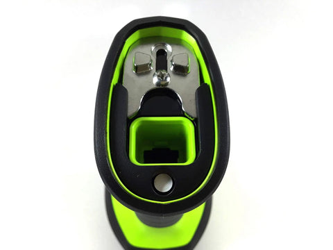 Top view of Heavy Duty Corded 1D Barcode Scanner With USB Cable Built Like A Tank For Warehouse Logistics showing green casing.