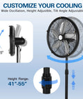 18 Inch Oscillating High Velocity Outdoor Pedestal Misting Fan With 3 Speed Settings, Adjustable Height, 120 Degree Oscillation, Waterproof, UL Listed, Industrial Grade Patio Fan For Outdoors, Black Ready To Crush The Heat, showing height and oscillation adjustments.
