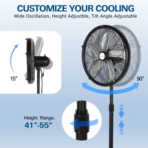 18 Inch Oscillating High Velocity Outdoor Pedestal Misting Fan With 3 Speed Settings, Adjustable Height, 120 Degree Oscillation, Waterproof, UL Listed, Industrial Grade Patio Fan For Outdoors, Black Ready To Crush The Heat, showing height and oscillation adjustments.