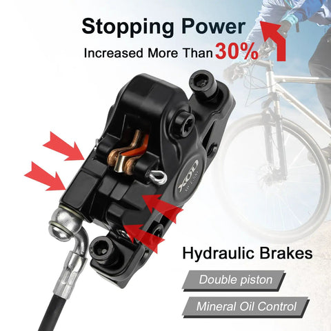 Hydraulic Disc Brake Set For E-Bikes With Left And Right Front And Rear Braking Aluminum Frame, showing close-up of black brake caliper with double piston and mineral oil control.