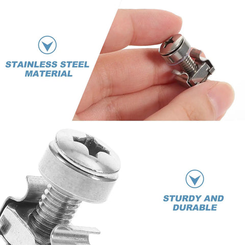 Close-up of 16 Sets M6 20mm Server Rack Screws With Floating Cage Nuts Kit showcasing stainless steel material and durable design.