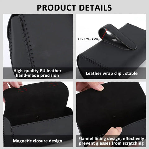 Premium Leather Car Sun Visor Sunglasses Holder, 2 Pack Universal Eyeglass Case showing magnetic closure and flannel lining design.