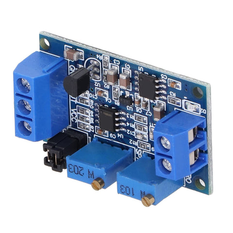 Close-up view of Badass Reliability Current To Voltage Converter Industrial Module, compact PCB design with blue terminal blocks, ideal for automation.