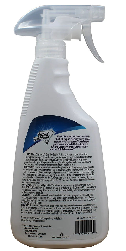 Back view of Granite And Stone Sealer That Stays Put Easy To Use Water Based Formula Sprays On And Wipes Off Protects Granite bottle
