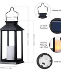 2-Pack Solar Lanterns For Outdoor Garden Hanging Lights 11.8 Inch Flickering Flameless Candles For Yard Vibe Patio Table Waterproof Auto On At Dusk 6-8 Hour Charge Easy Setup Black with hook, dimensions, and features highlighted
