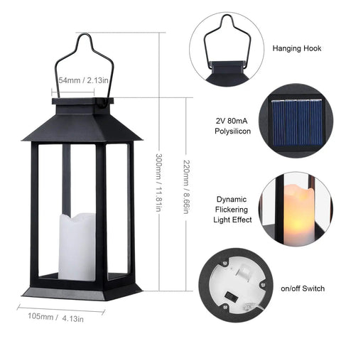 2-Pack Solar Lanterns For Outdoor Garden Hanging Lights 11.8 Inch Flickering Flameless Candles For Yard Vibe Patio Table Waterproof Auto On At Dusk 6-8 Hour Charge Easy Setup Black with hook, dimensions, and features highlighted