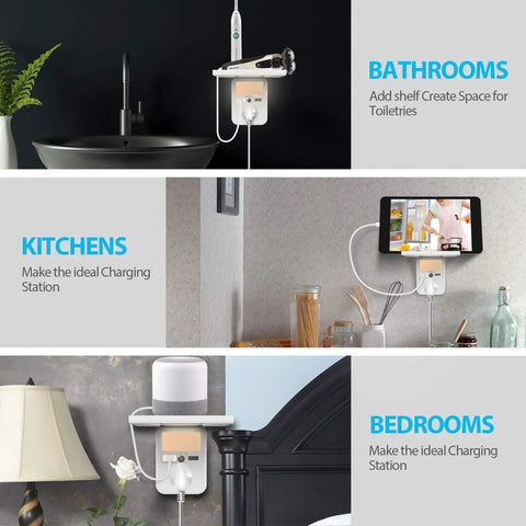 2 Pack Outlet Shelf Extender With Built In Shelf And Adjustable Night Light 3 Outlets 2 USB Ports Wall Mounted Power Strip Organizer
