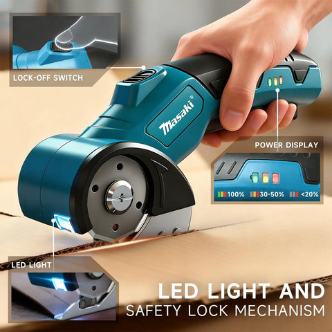 Heavy Duty Cordless Electric Scissors And Cardboard Cutter With Safety Lock rechargeable battery and LED light cutting cardboard.