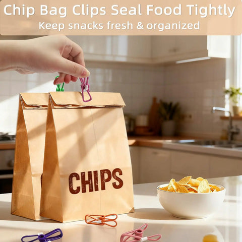 Slick 10 Pack Colorful Metal Chip Bag Clips With Rubber Finger Guards And Heavy Spring Steel Design sealing bags of chips on a kitchen counter.