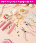 DIY Lip Gloss Keychain Craft Kit with Enamel Charms and Chains, pliers, hole punch, and pink tools on display