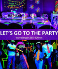 Party with Two Pack 100W UV Black Lights for Glow Parties and Stage Lighting, highlighting fluorescent neon decor and outfits.