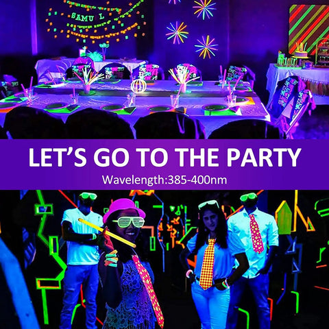 Party with Two Pack 100W UV Black Lights for Glow Parties and Stage Lighting, highlighting fluorescent neon decor and outfits.