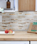 Peel And Stick Marble Tiles Self Adhesive Aluminum Wall Tile For Bathroom Fireplace And RV Beige Marble With Vintage Golden Embellished Stripes 10 Sheet Pack Thick 4mm For Heavy Duty Backsplash shown in kitchen setting