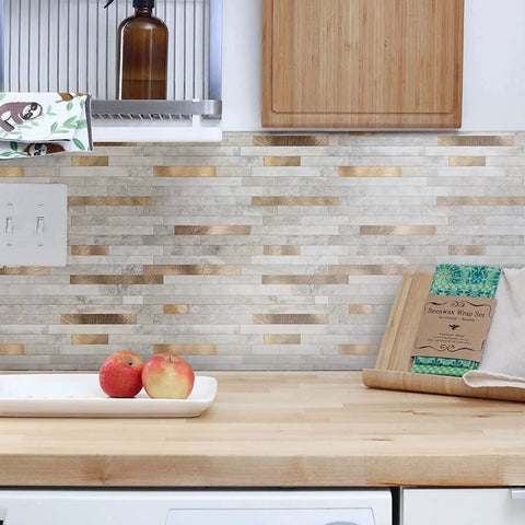 Peel And Stick Marble Tiles Self Adhesive Aluminum Wall Tile For Bathroom Fireplace And RV Beige Marble With Vintage Golden Embellished Stripes 10 Sheet Pack Thick 4mm For Heavy Duty Backsplash shown in kitchen setting