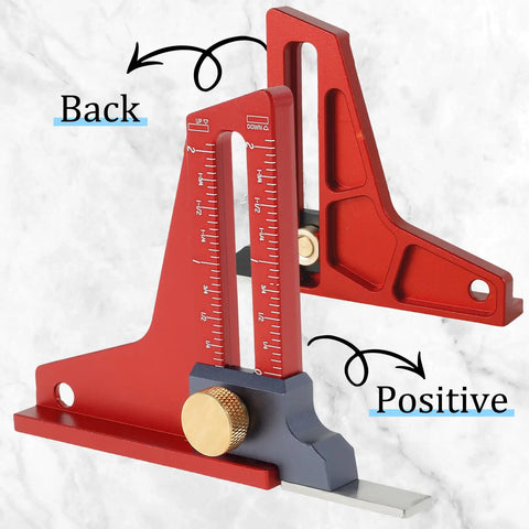 Front and side view of Height And Depth Gauge For Woodworking Tools Pro Grade Aluminum Alloy Build 0 To 2 Inch Range With One Sixteenth Inch Precision CNC Machined Anodized Red Finish Ideal For Table Saws Drill Press Router And More.