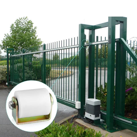 Two Pack Slide Gate Guide Roller For 3 Inch Gates, Nylon Gate Roller With C Bracket installed on green sliding gate