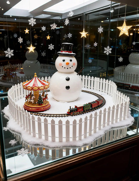 Three Piece 35 Inch White Mini Christmas Garden Fence For Fairy Gardens And Dollhouses Wood Picket Ornament Fence enclosing a snowman scene