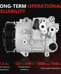 Heavy Duty AC Compressor With Clutch For Toyota Camry Rav4 Sienna 2 5 Liter And 2 7 Liter Engines 2012 Through 2017 showing side view with specifications.