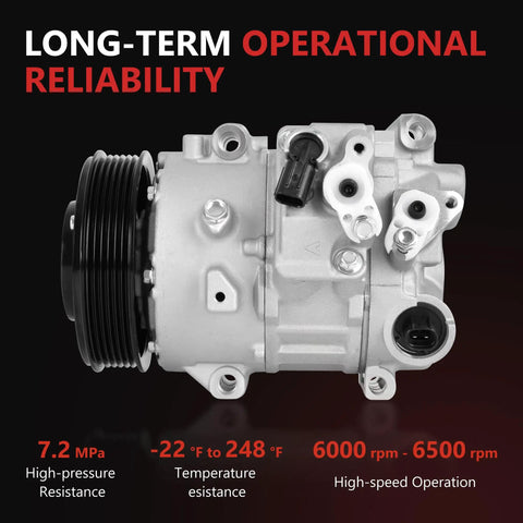 Heavy Duty AC Compressor With Clutch For Toyota Camry Rav4 Sienna 2 5 Liter And 2 7 Liter Engines 2012 Through 2017 showing side view with specifications.