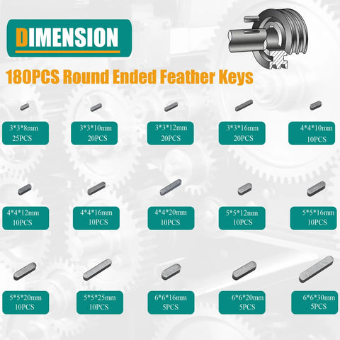 Front view of 385-piece metric woodruff key assortment kit with round-ended feather keys in assorted sizes.