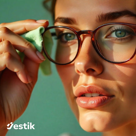 Jestik microfiber cleaning cloth being used to wipe eyeglasses; green cloth close-up