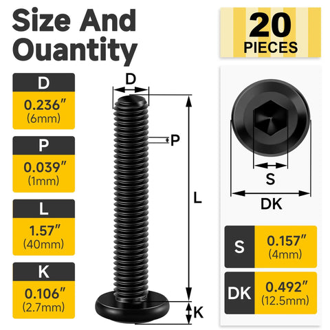 Built Like A Tank 20 Pack Of M6 X 40mm Flat Head Hex Socket Cap Screws Bolts showing dimensions and features for assembly.