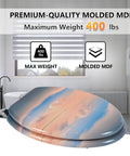 Elongated Toilet Seat Made From MDF Wood With Quiet Close And Quick Release Hinges No Fuss To Install And Clean Universal Fit For Most American Toilets Sky Blue, on a bathroom background with weight details.