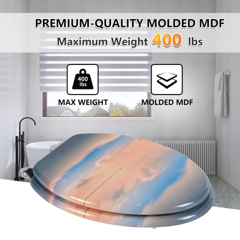 Elongated Toilet Seat Made From MDF Wood With Quiet Close And Quick Release Hinges No Fuss To Install And Clean Universal Fit For Most American Toilets Sky Blue, on a bathroom background with weight details.