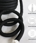 Close-up of Half Inch Braided Polyester Arborist Rope 50 Feet Beefy Heavy Duty Low Stretch with texture and features icons.