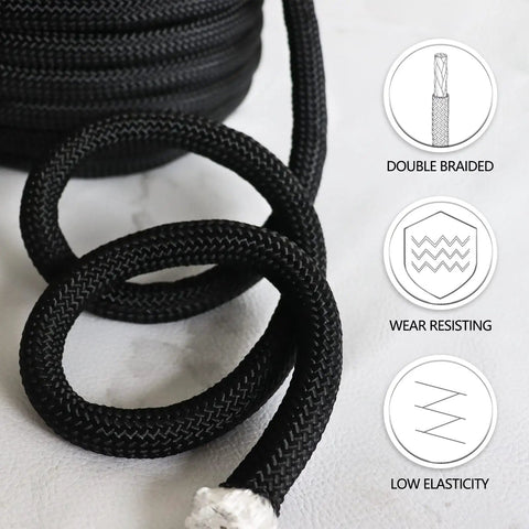 Close-up of Half Inch Braided Polyester Arborist Rope 50 Feet Beefy Heavy Duty Low Stretch with texture and features icons.