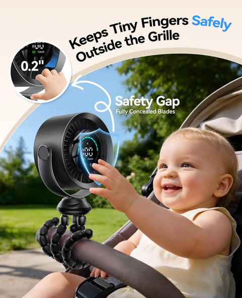 Portable Baby Stroller Clip Fan With 360 Degree Rotation, Quiet USB Rechargeable Fan on stroller, safe gap highlighted