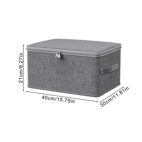Slick Fabric Storage Bin With Combination Lock Waterproof Foldable Wardrobe Organizer Keeps Your Essentials Safe, gray woven, dimensions 40x30x21cm.