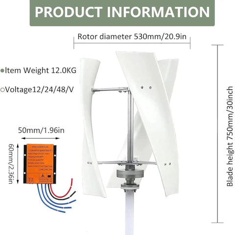 3000W Garden Vertical Wind Turbine Kit With MPPT Controller showing dimensions and ABS rotor blades item weight 12kg