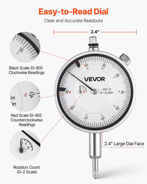 Pro Grade Dial Indicator and Bore Gauge Set for Lathe and Milling Work, 2.4-inch dial, 0.001 inch precision, clear scales