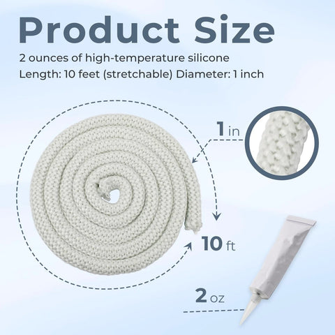 White braided wood stove door gasket rope, 10 ft long, 1 inch diameter, high-temp silicone seal (2 oz tube)
