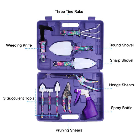 Ten Piece All In One Garden Tool Kit With Floral Print And Ergonomic Handles Including Trowel Rake Weeder Pruner Shears Sprayer And Hedge Shears In A Hard Shell Carrying Case Awesome Gift For Women And Dads, floral tools in purple case